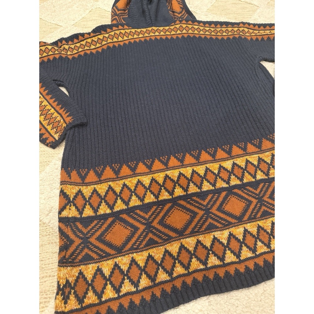 Lucky Brand Southwestern Aztec Cardigan Med Blue Oversize Boho Retro Cozy Hooded - Picture 5 of 9